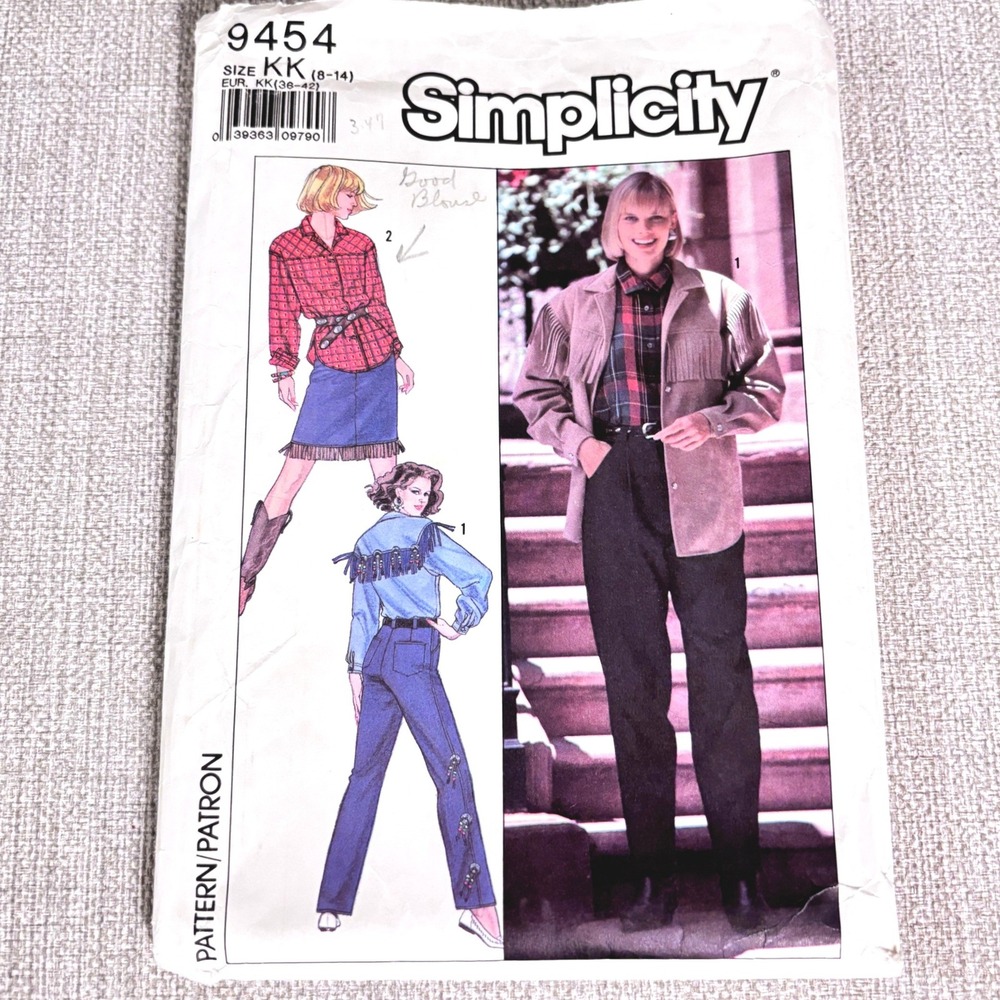 Simplicity 9454 Western Capsule 8-14 Chore Jacket HighWaist Pleated Jeans Skirt